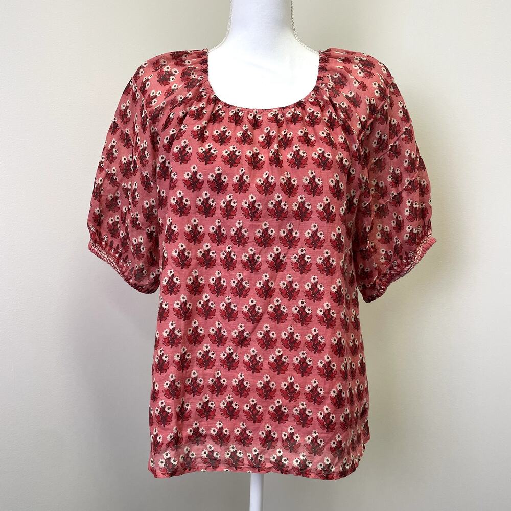 J.Crew Puff Sleeve Top in Block print Ramie  Size XL Cottagecore